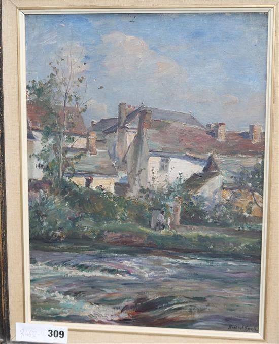 James Herbert Snell (1861-1935) Old Houses on the Somme river 15.5 x 12in.